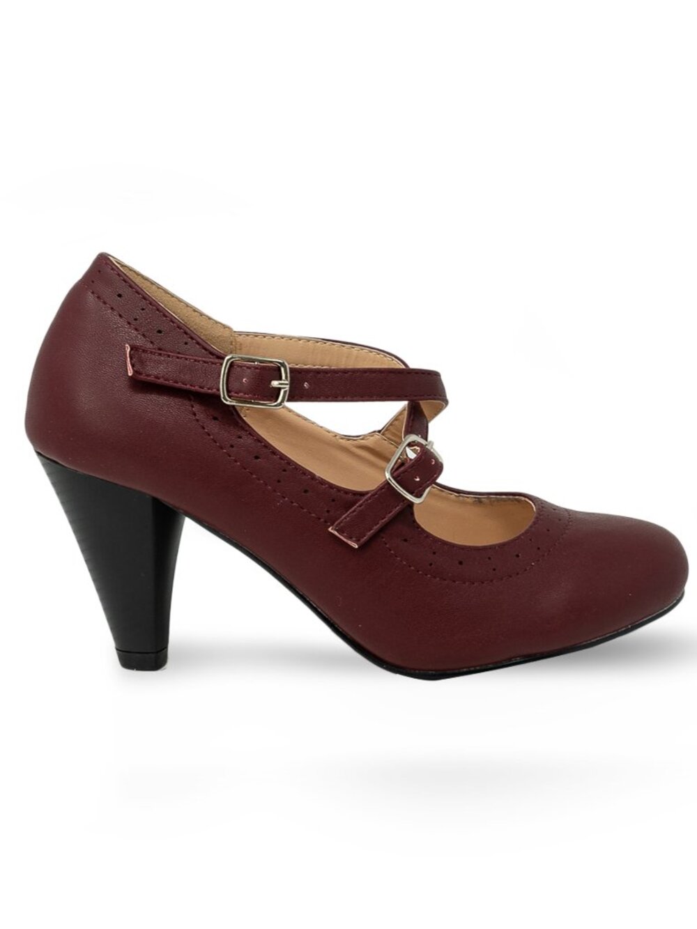 Women’s Double Strap Mary Jane Heels – Round Toe Pumps with Buckle Straps & Mid - Picture 2 of 3